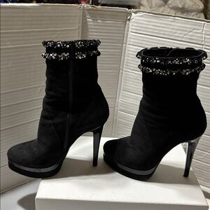 Fiorina Black suede Leather platform boots with crystal embellishments. EUC